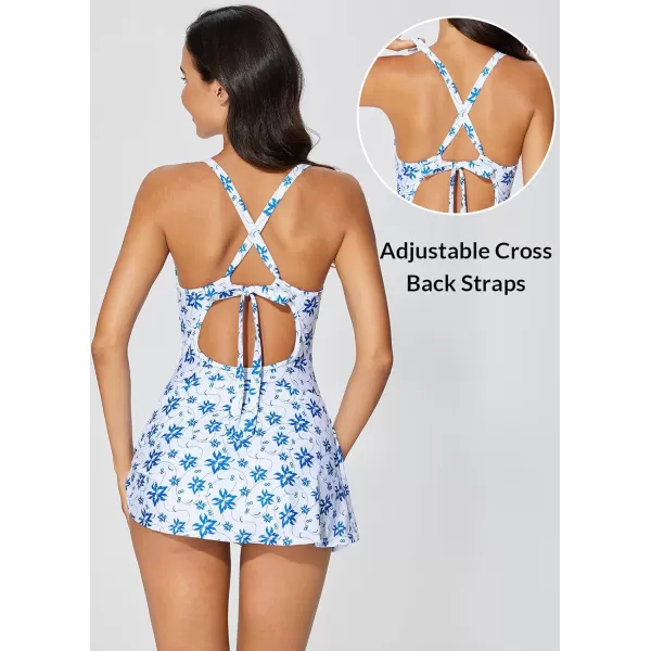 BALEAF Womens 2024 One Piece Swimsuit with Skirt Flattering V Neck Floral Tummy Control Swim Dress Ladies Builtin BraWhiteBlue Print