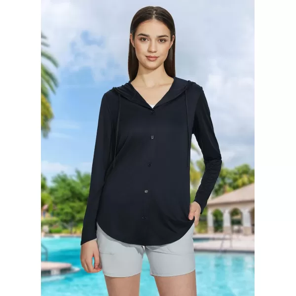 BALEAF Womens 2024 UPF 50 Swimsuit Coverups Long Sleeve Beach Cover Up Quick Dry Sun Shirts Hoodie with PocketsBlack