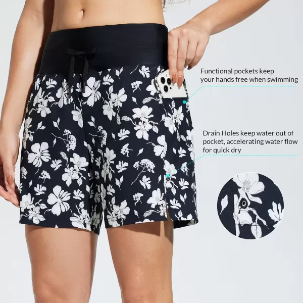 BALEAF Womens 59 High Waisted Swim Board Shorts Quick Dry Swimsuits Bottoms with DrawstringBlack White Flowers