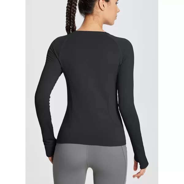 BALEAF Womens Long Sleeve Workout Athletic Seamless Shirts Tight Yoga Running Gym Fitted Tops with Thumb HolesBlack