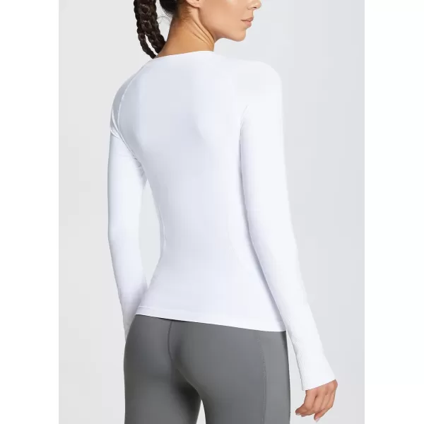 BALEAF Womens Long Sleeve Workout Athletic Seamless Shirts Tight Yoga Running Gym Fitted Tops with Thumb HolesWhite