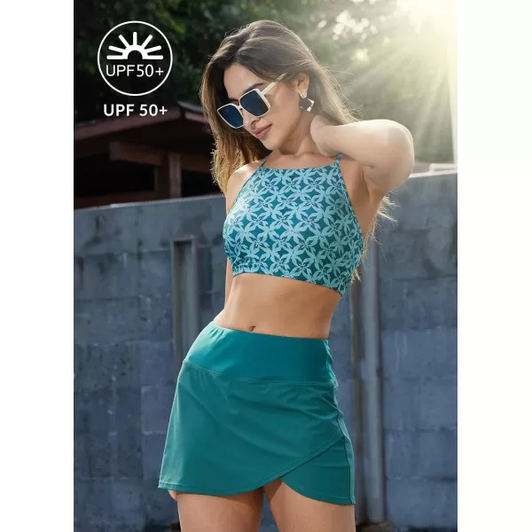 BALEAF Womens Longline Bikini Top Lace Up Crisscross Swim Crop Tops High Neck Swimsuit Bra PaddedGreen Flower