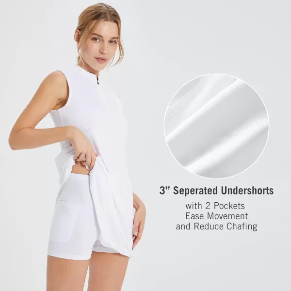 BALEAF Womens Sleeveless Golf Dress with Zip Pockets and Shorts Tennis Athletic Sport Dresses Quick Dry UPF 50 Stand CollarWhite