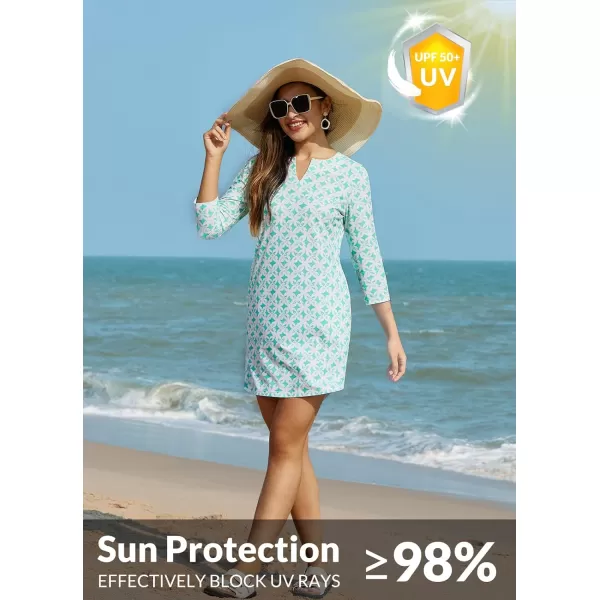 BALEAF Womens Sun Protection Swim Cover Up Dress with Pockets 34 Sleeve UPF 50 Tunic Beach Coverups Dress 2024Patterngreen