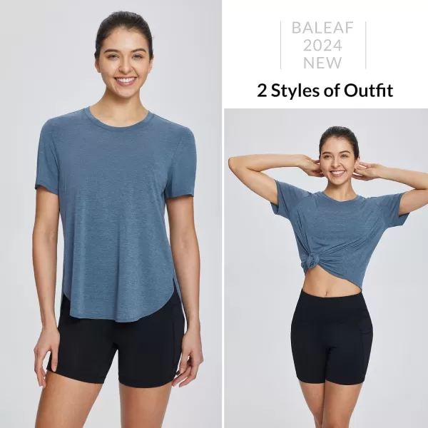 BALEAF Womens Workout Tops Short Sleeve Athletic Yoga Running Shirts Loose Fit with Side Slits Quick Dry TShirtsHeather Navy