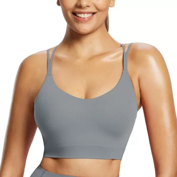 BALEAF Freeleaf Womens Sports Bra Longline Molded Cup Yoga Bra Thin Strap Low Impact Spaghetti Workout Crop Tank TopsDark Gray