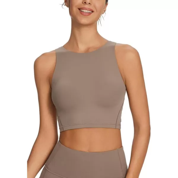 BALEAF Nuleaf High Neck Longline Sports Bra for Women U Back Workout Tank Top Padeed Yoga Crop TopsCocoa Brown