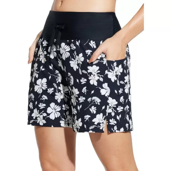 BALEAF Womens 59 High Waisted Swim Board Shorts Quick Dry Swimsuits Bottoms with DrawstringBlack White Flowers