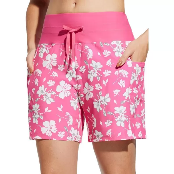 BALEAF Womens 59 High Waisted Swim Board Shorts Quick Dry Swimsuits Bottoms with DrawstringPink White Flowers