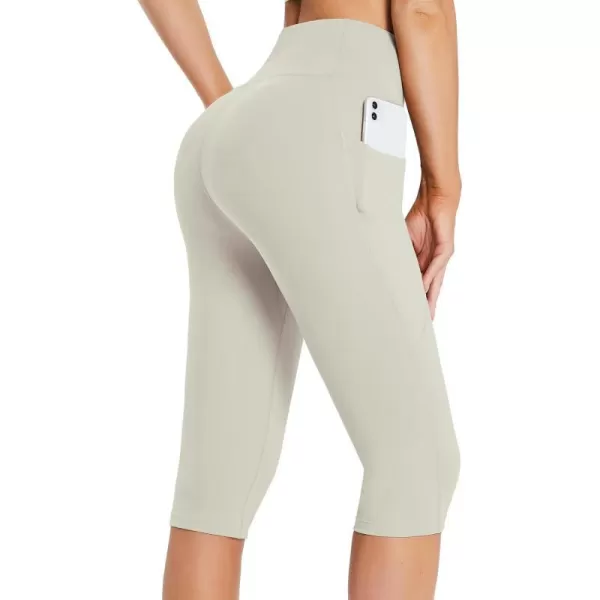 BALEAF Womens Capris with Pockets Knee Length Capri Leggings High Waisted Stretch for Casual Summer Yoga Workout ExerciseBeige