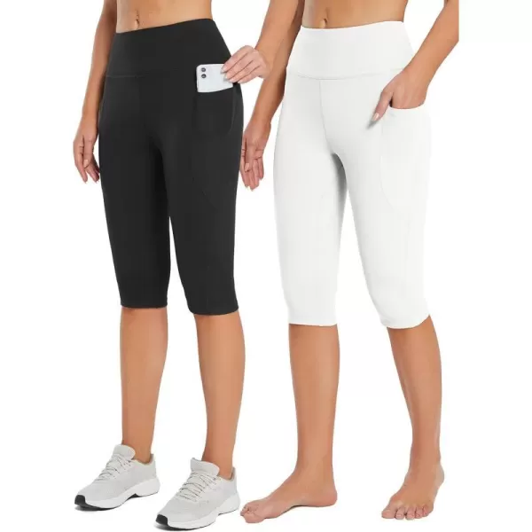 BALEAF Womens Capris with Pockets Knee Length Capri Leggings High Waisted Stretch for Casual Summer Yoga Workout ExerciseBlackwhite