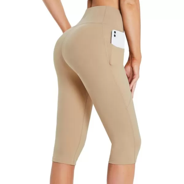 BALEAF Womens Capris with Pockets Knee Length Capri Leggings High Waisted Stretch for Casual Summer Yoga Workout ExerciseKhaki