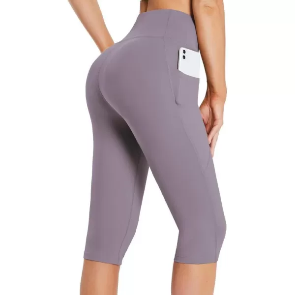 BALEAF Womens Capris with Pockets Knee Length Capri Leggings High Waisted Stretch for Casual Summer Yoga Workout ExerciseLight Purple