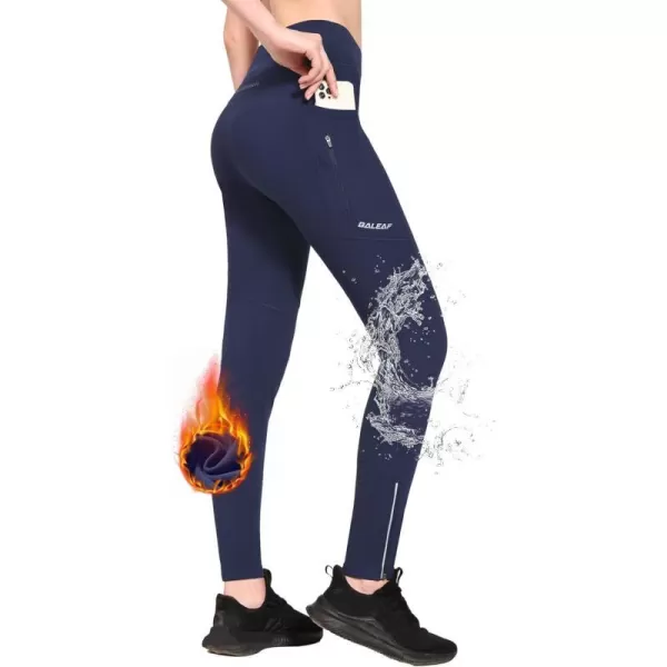 BALEAF Womens Fleece Lined Leggings Water Resistant Winter Clothes Running Tights Cold Weather Hiking Pants Zip PocketsAdark Blue