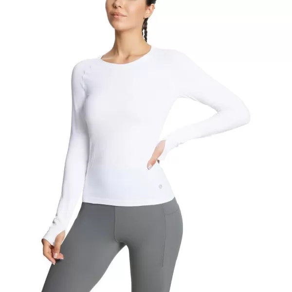 BALEAF Womens Long Sleeve Workout Athletic Seamless Shirts Tight Yoga Running Gym Fitted Tops with Thumb HolesWhite