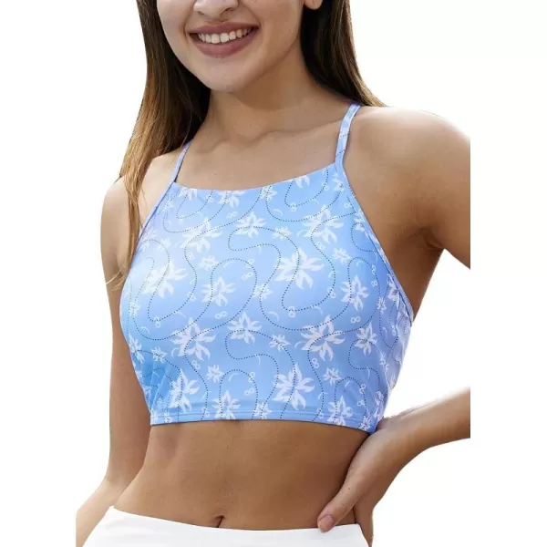 BALEAF Womens Longline Bikini Top Lace Up Crisscross Swim Crop Tops High Neck Swimsuit Bra PaddedBlueWhite Flower