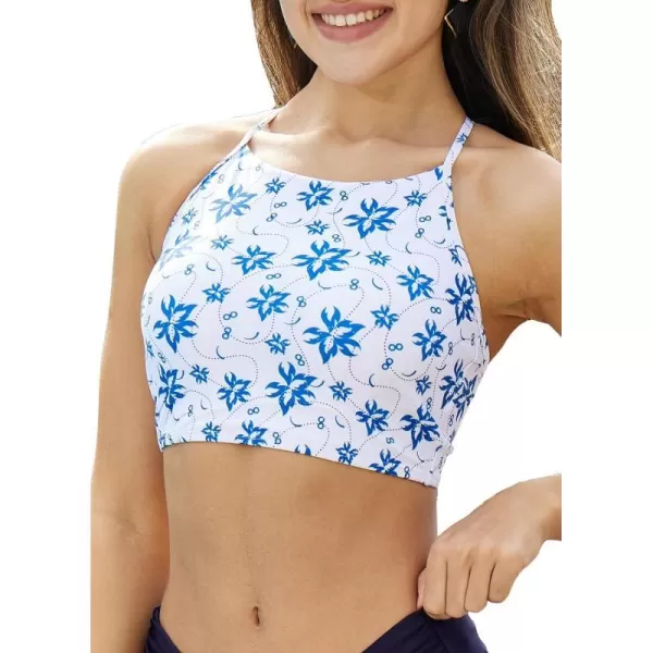 BALEAF Womens Longline Bikini Top Lace Up Crisscross Swim Crop Tops High Neck Swimsuit Bra PaddedWhiteBlue Flower