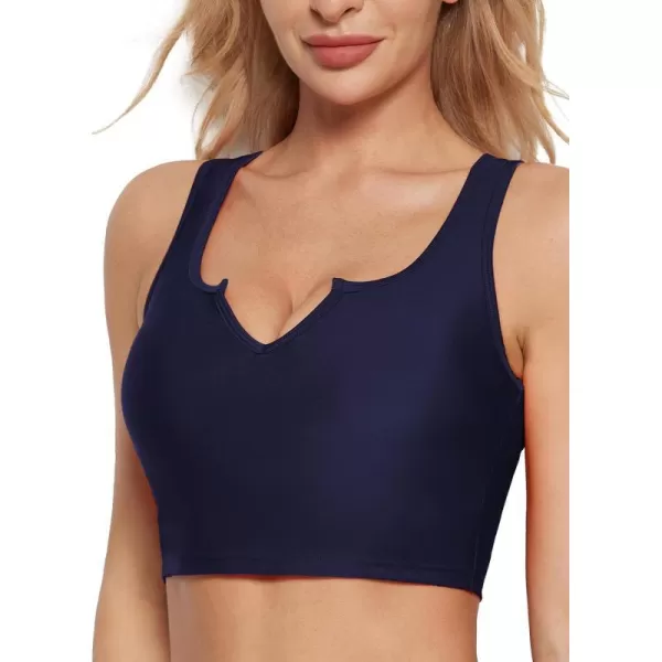 BALEAF Womens Swim Crop Tops Bra Longline Modest Bikini Top Full Coverage V Neck Swimsuit Bathing Suit Tops OnlyDark Blue