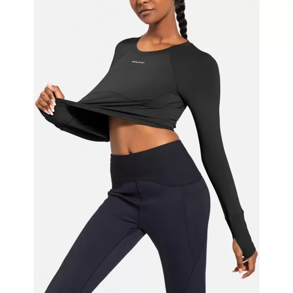 BALEAF Womens Long Sleeve Crop Top Workout Athletic Shirt Running Top Slim FitBlack