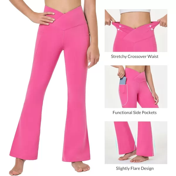 BALEAF Girls Flare Leggings Cross High Waisted Bootcut Yoga Dance Pants Kids Bell Bottoms Leggings with PocketsHot Pink