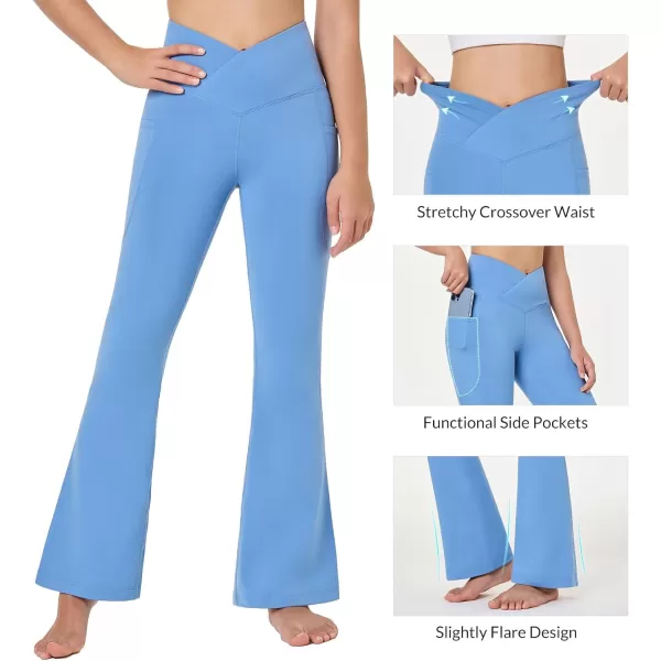 BALEAF Girls Flare Leggings Cross High Waisted Bootcut Yoga Dance Pants Kids Bell Bottoms Leggings with PocketsLight Blue