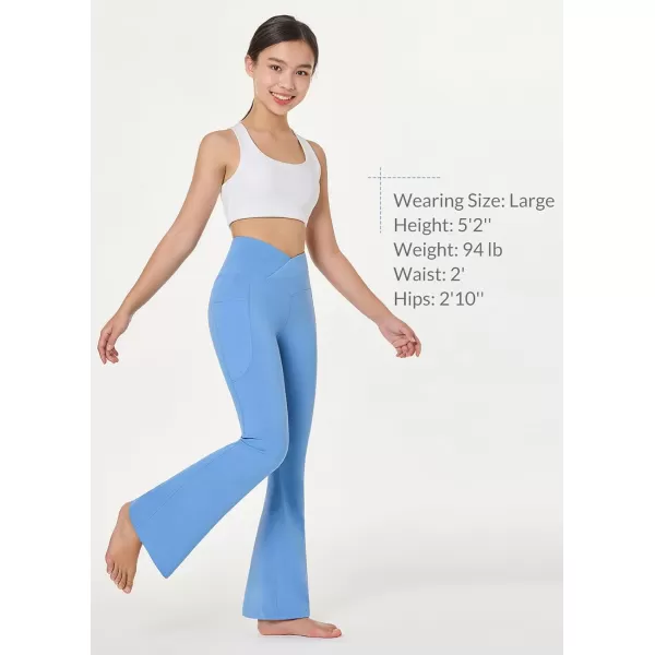 BALEAF Girls Flare Leggings Cross High Waisted Bootcut Yoga Dance Pants Kids Bell Bottoms Leggings with PocketsLight Blue