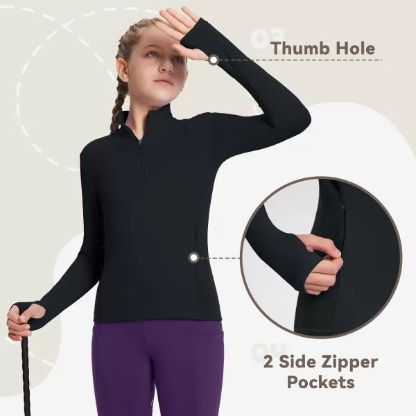 BALEAF Girls Fleece Long Sleeve Shirts Fall Jacket Half Zip Sweatshirts Horse Riding Camping Thermal Coat Kids03black