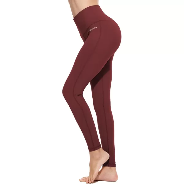 BALEAF Leggings for Women with Pockets Tummy Control Compression Workout Athletic Running High Waisted Yoga PantsRuby Wine