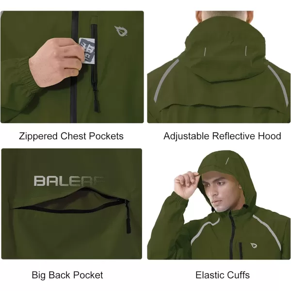BALEAF Mens Rain Jacket Waterproof Windbreaker Running Cycling Golf Hiking Gear Hood Lightweight Reflective PackableArmy Green