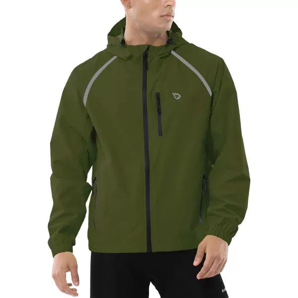 BALEAF Mens Rain Jacket Waterproof Windbreaker Running Cycling Golf Hiking Gear Hood Lightweight Reflective PackableArmy Green