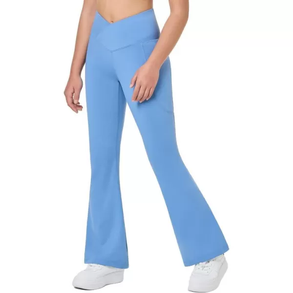 BALEAF Girls Flare Leggings Cross High Waisted Bootcut Yoga Dance Pants Kids Bell Bottoms Leggings with PocketsLight Blue