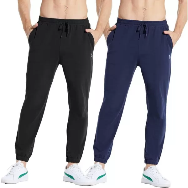 BALEAF Mens 2730 Cotton Sweatpants Sports Running Hiking Joggers Pants Lightweight Lounge Pocketed Pajamas 78 Length27 Regular 2 PackblackBlue