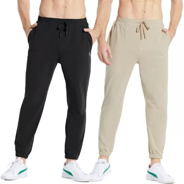 BALEAF Mens 2730 Cotton Sweatpants Sports Running Hiking Joggers Pants Lightweight Lounge Pocketed Pajamas 78 Length27 Regular 2 PackblackKhaki