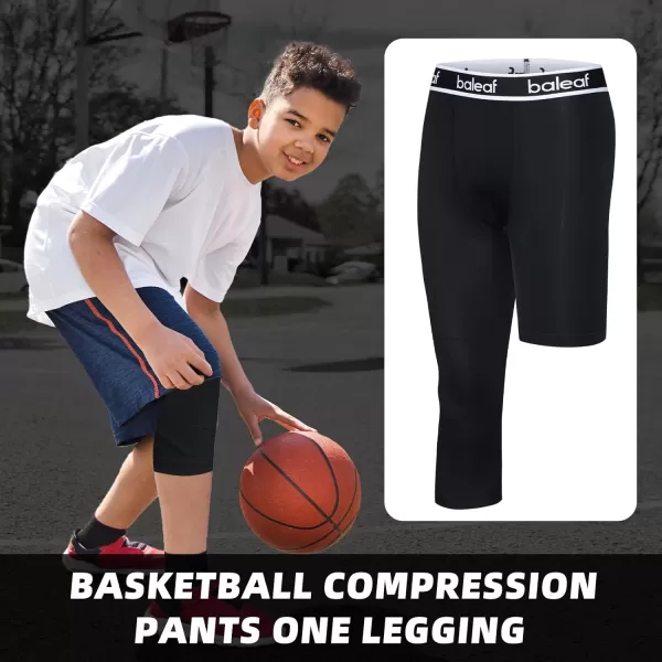 BALEAF 34 Youth Boys Compression Leggings Athletic Training Capris Tights Pants Kids Basketball Football Base LayerBlack 34 Long Right  Short Half Left