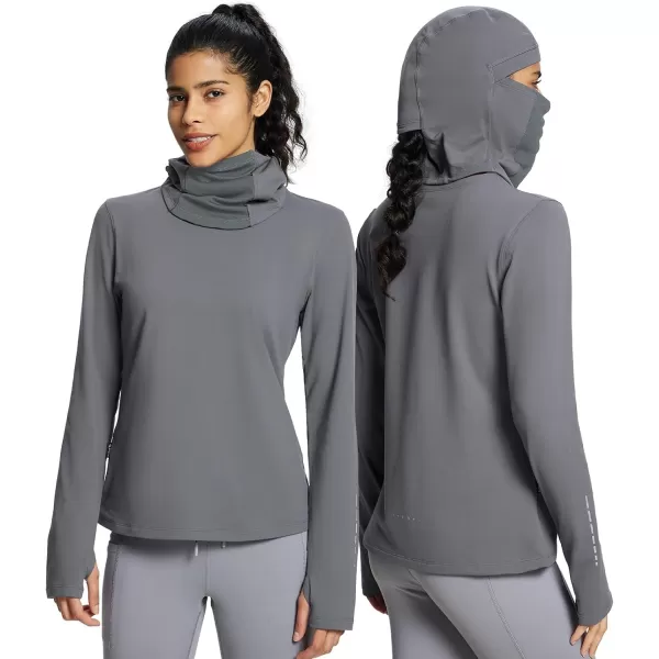 BALEAF Thermal Long Sleeve Women Shirts Winter Clothes Cowl Neck Warm Fleece Base Layer Tops with Balaclava and ThumbholesLight Grey