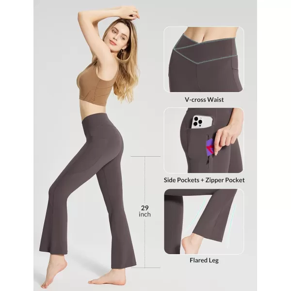 BALEAF Womens Flare Leggings with Zipper Pockets Crossover High Waist Bootcut Yoga Pants Tummy Control Bell Bottom LeggingsBrown