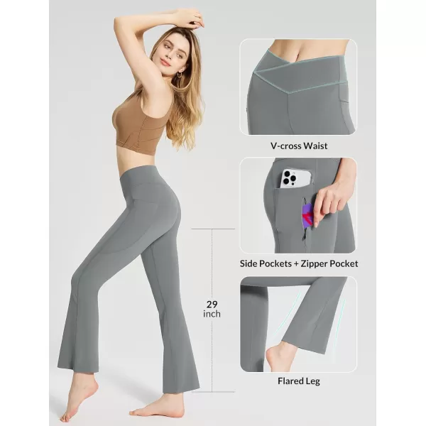 BALEAF Womens Flare Leggings with Zipper Pockets Crossover High Waist Bootcut Yoga Pants Tummy Control Bell Bottom LeggingsDark Grey