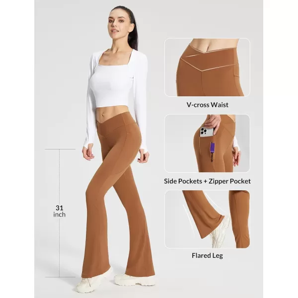 BALEAF Womens Flare Leggings with Zipper Pockets Crossover High Waist Bootcut Yoga Pants Tummy Control Bell Bottom LeggingsLight Brown