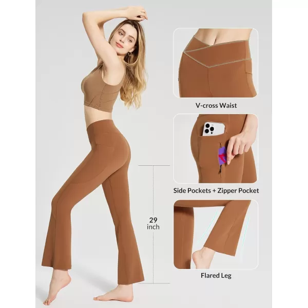 BALEAF Womens Flare Leggings with Zipper Pockets Crossover High Waist Bootcut Yoga Pants Tummy Control Bell Bottom LeggingsLight Brown