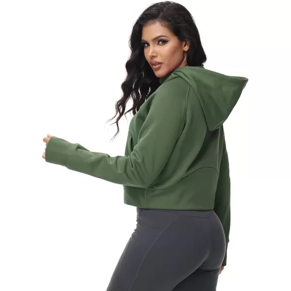 BALEAF Womens Fleece Lined Jackets Zip Up Hoodies Long Sleeve Cropped Sweatshirts Thumb Hole with Pockets Fall Clothes 2023Army Green