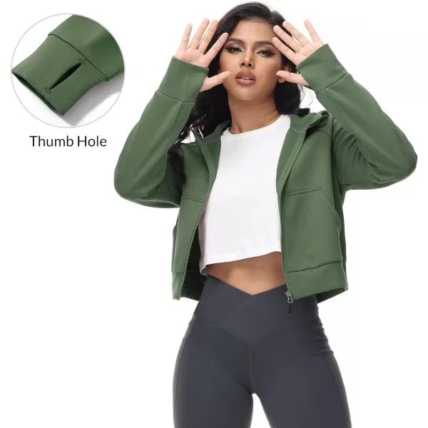 BALEAF Womens Fleece Lined Jackets Zip Up Hoodies Long Sleeve Cropped Sweatshirts Thumb Hole with Pockets Fall Clothes 2023Army Green