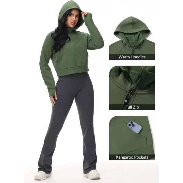 BALEAF Womens Fleece Lined Jackets Zip Up Hoodies Long Sleeve Cropped Sweatshirts Thumb Hole with Pockets Fall Clothes 2023Army Green