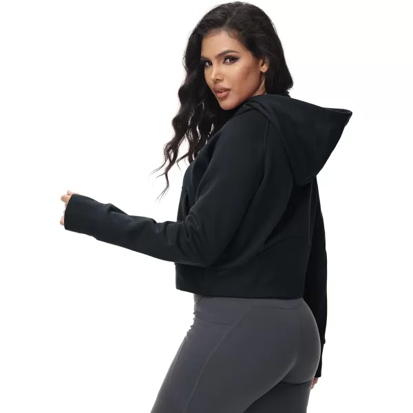 BALEAF Womens Fleece Lined Jackets Zip Up Hoodies Long Sleeve Cropped Sweatshirts Thumb Hole with Pockets Fall Clothes 2023Black