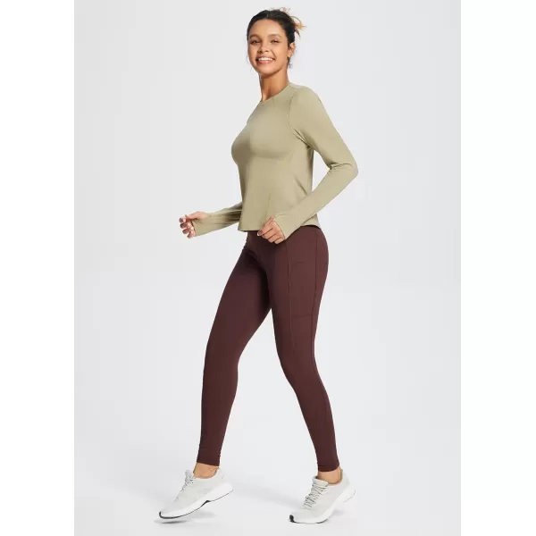 BALEAF Womens Thermal Long Sleeve Running Shirt Fleece Workout Tops with Thumb Hole Pocket Athletic Yoga Cold Weather GearBrown