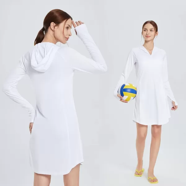 BALEAF Womens UPF 50 Long Sleeve Beach Cover Up Dress Sun Protection Quick Dry Zip Summer Dresses Pockets ThumbholesWhite