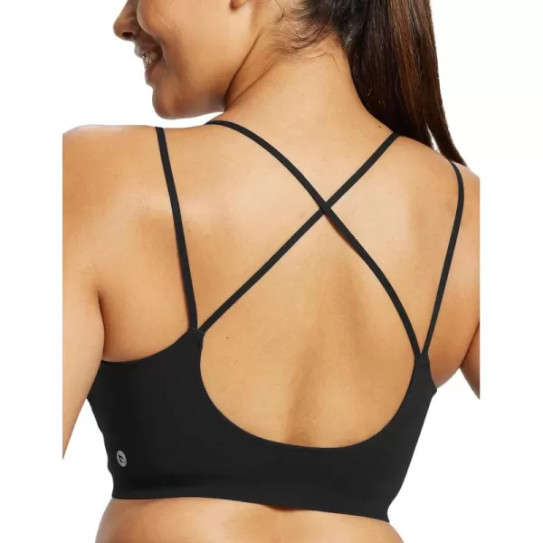 BALEAF Freeleaf Womens Sports Bra Longline Molded Cup Yoga Bra Thin Strap Low Impact Workout Crop Tank TopsBlack