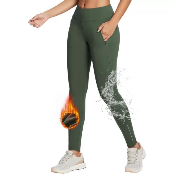 BALEAF Womens Fleece Lined Leggings Water Resistant Winter Clothes Running Tights Cold Weather Hiking Pants Zip PocketsBgreen