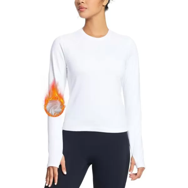 BALEAF Womens Thermal Long Sleeve Running Shirt Fleece Workout Tops with Thumb Hole Pocket Athletic Yoga Cold Weather GearWhite