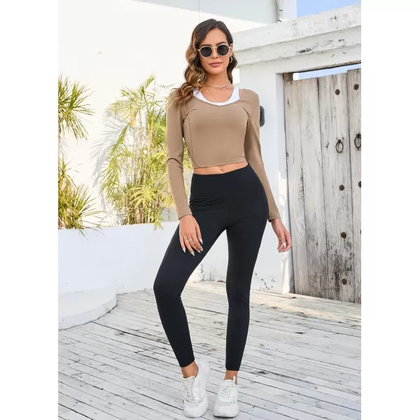 BALEAF Nuleaf Scoop Neck Long Sleeve Crop Top for Women Slim Fit Workout Shirts Tight Base Layer Athletic Gym CasualCocoa Brown