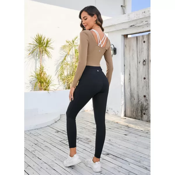 BALEAF Nuleaf Scoop Neck Long Sleeve Crop Top for Women Slim Fit Workout Shirts Tight Base Layer Athletic Gym CasualCocoa Brown